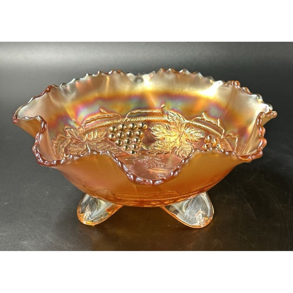 Fenton Edge Leaf Grape and Cable Marigold Carnival Footed Glass Bowl Candy Dish